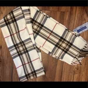 White, Tan, Black, and Red Plaid Scarf